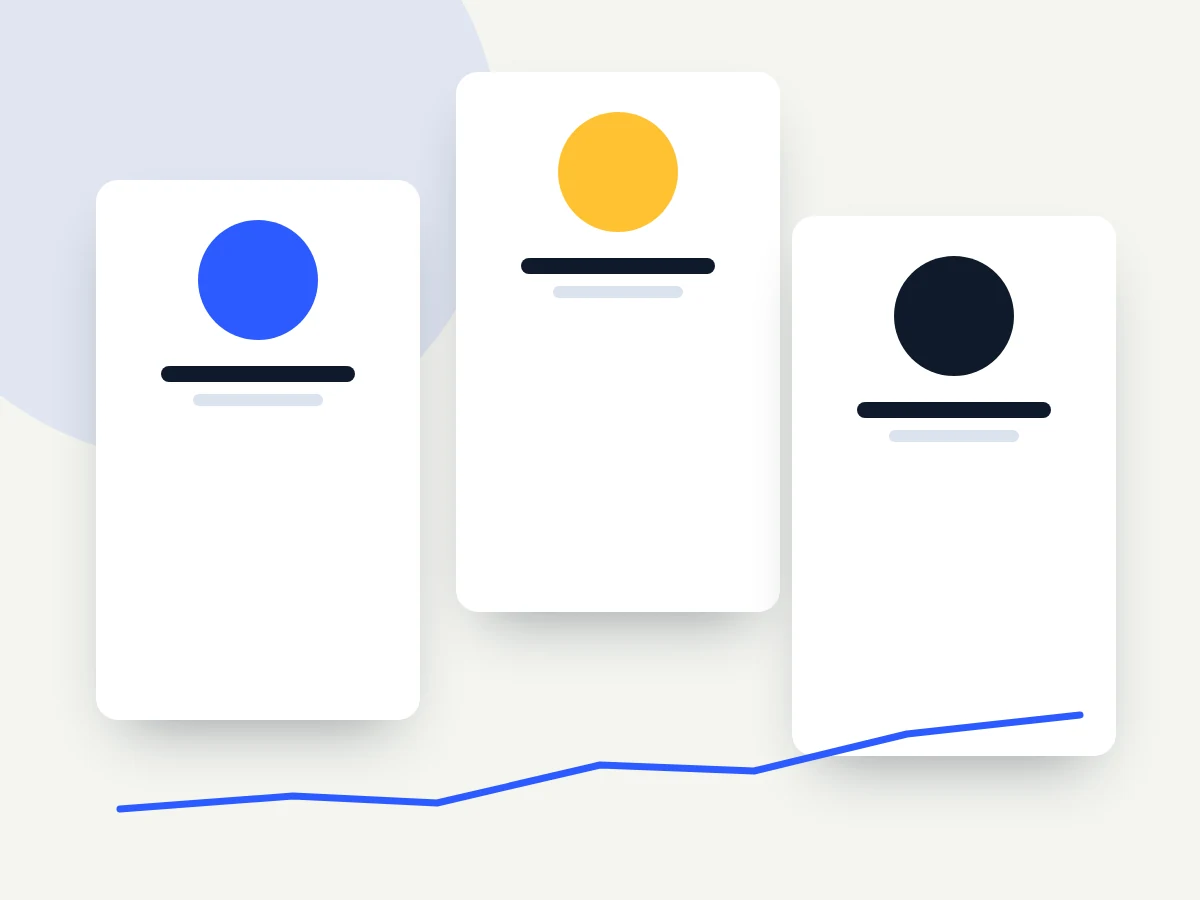 Illustration of three team member profile cards above a rising trend line
