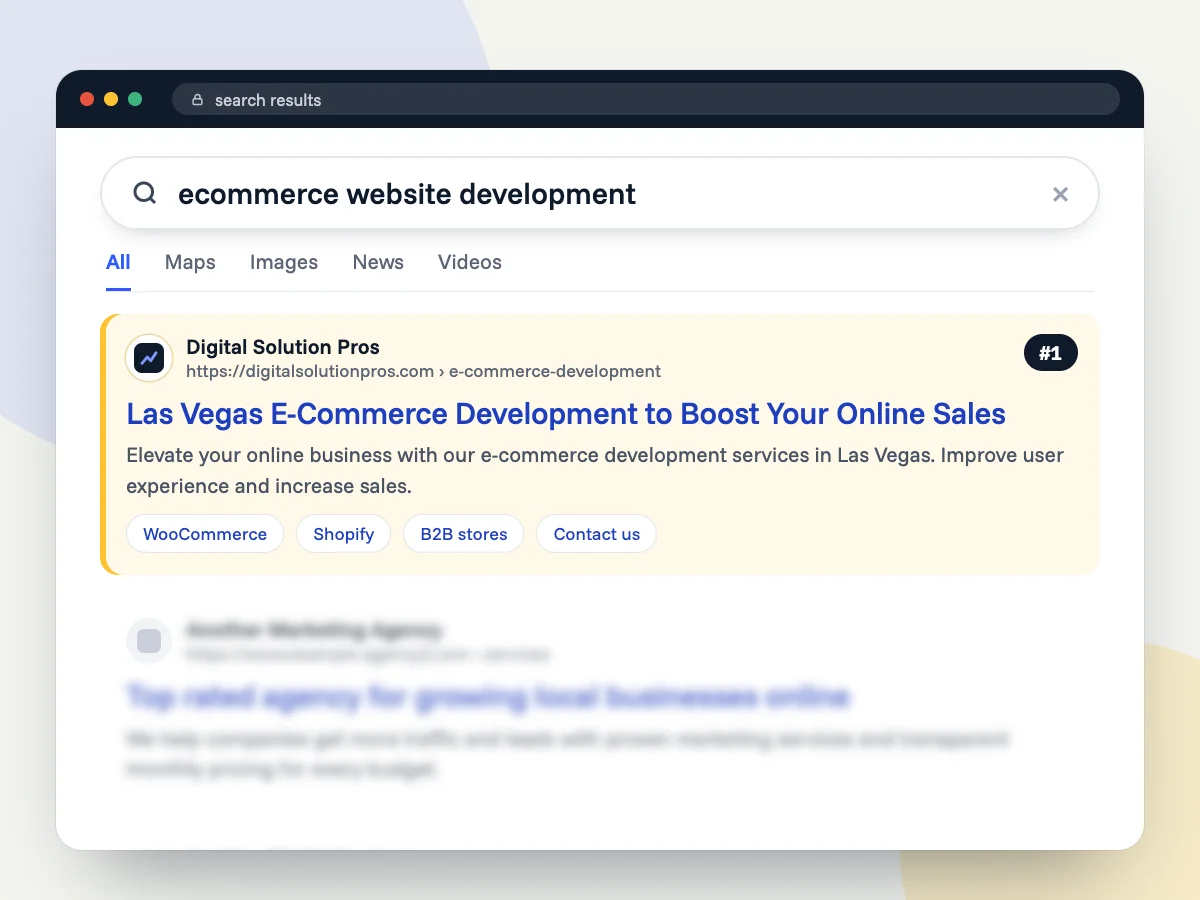 Search results for "ecommerce website development" with Digital Solution Pros as the top result