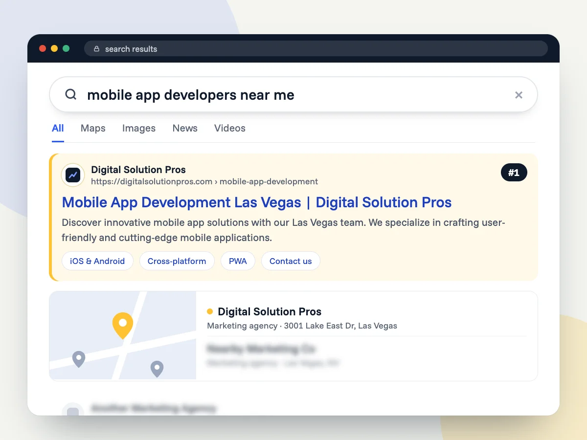 Search results for "mobile app developers near me" with Digital Solution Pros as the top result and first in the map listings