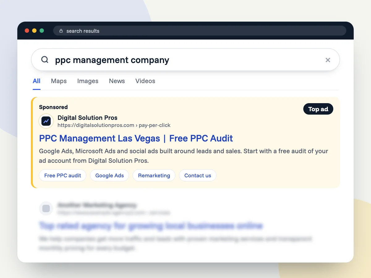 Search results for "ppc management company" with a Digital Solution Pros ad as the top sponsored result