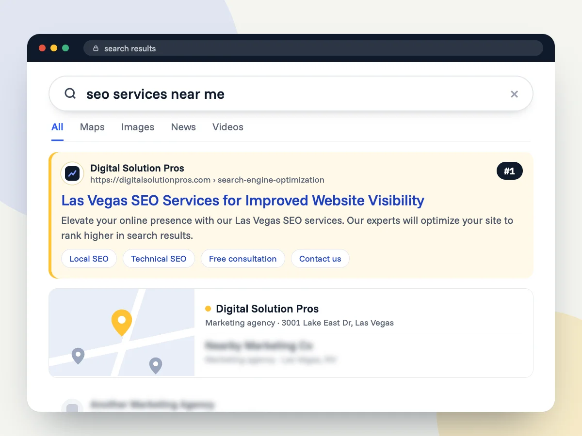 Search results for "seo services near me" with Digital Solution Pros as the top result and first in the map listings
