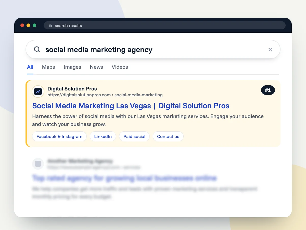 Search results for "social media marketing agency" with Digital Solution Pros as the top result