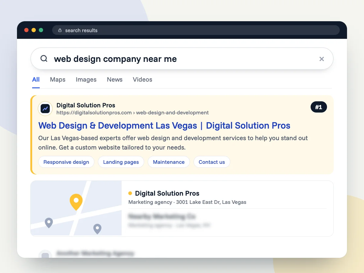 Search results for "web design company near me" with Digital Solution Pros as the top result and first in the map listings