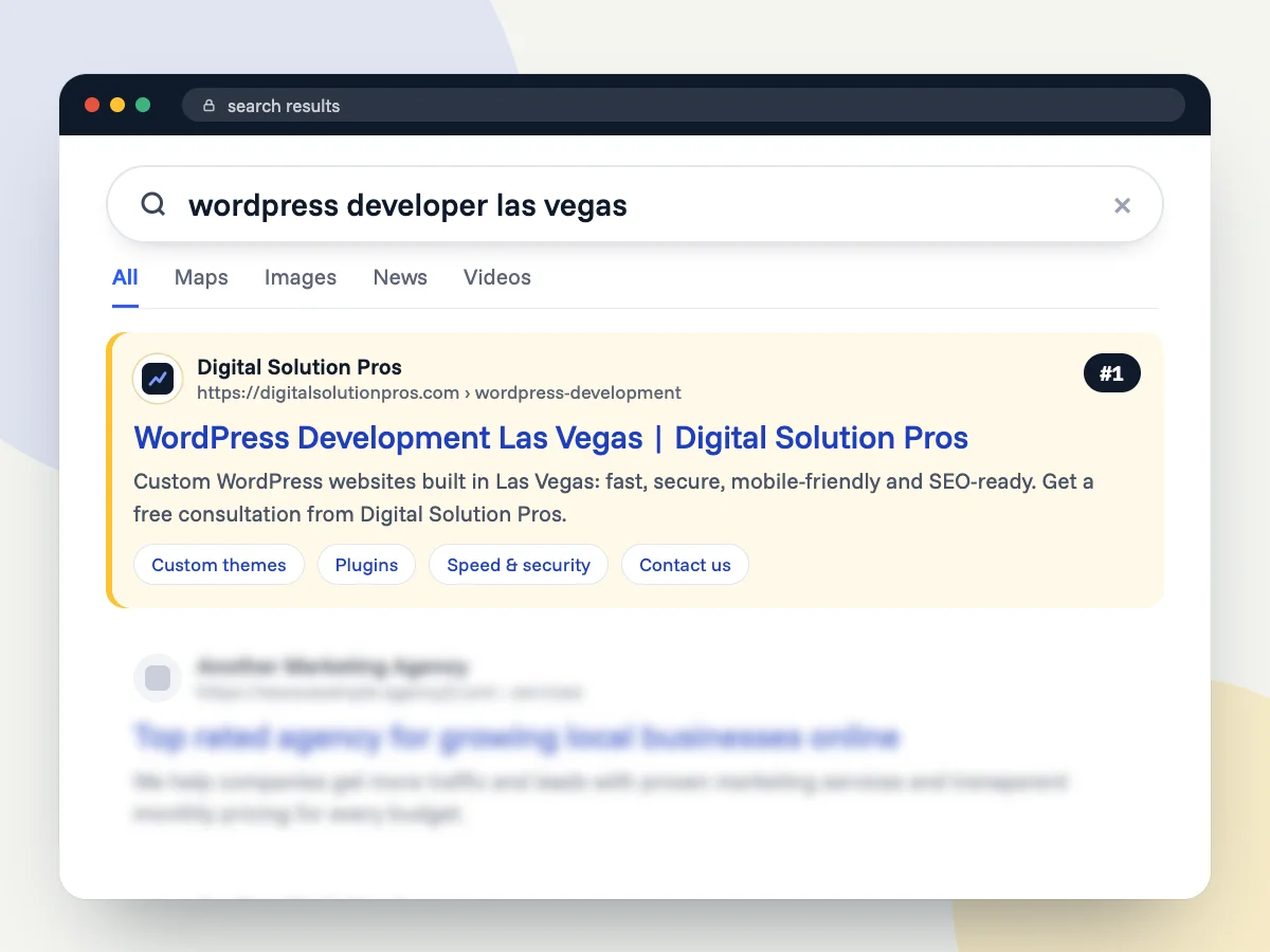 Search results for "wordpress developer las vegas" with Digital Solution Pros as the top result
